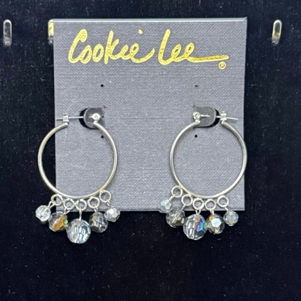 Cookie Lee Silver‎ Tone Hoop Earrings w/ Faceted Crystal Dangles ~1.25"